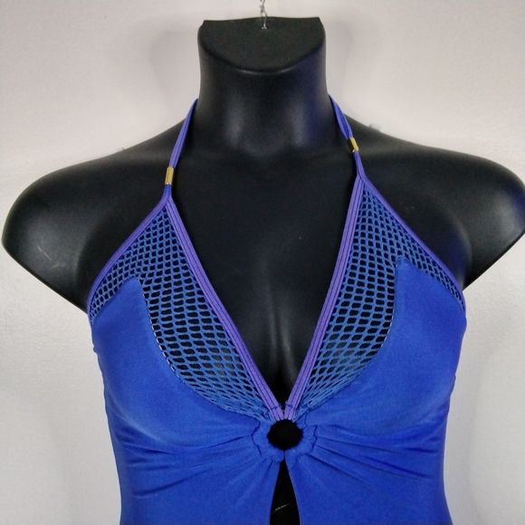 Venus Blue Mesh One Piece Size 4 Sexy Keyhole Plunge Swimwear Swimsuit Deep Back - Picture 5 of 13